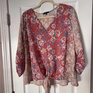 West Kei Floral V-Neck Blouse - Red, Blue, and Pink